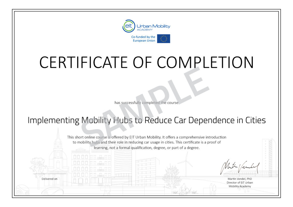 Sample Certificate for Implementing Mobility Hubs course.