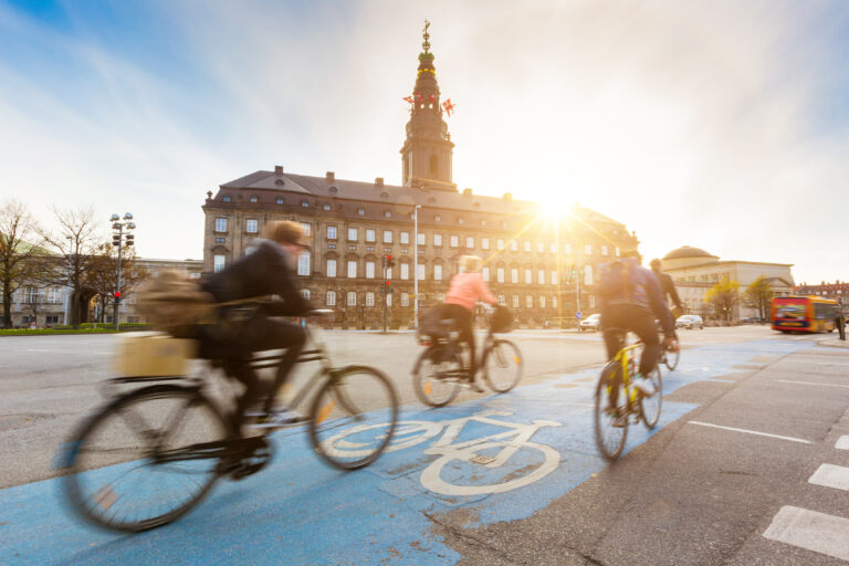 Cycling in an urban landscape on a bike lane