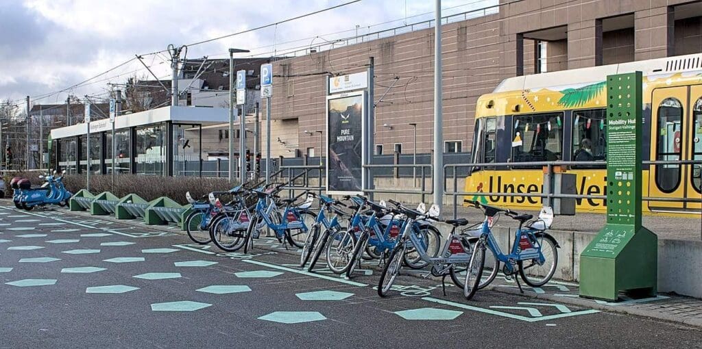 Mobility Hub with bike parking bus and train